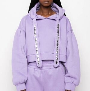 SNO Lavender Cropped Hoodie with Sequin Details Oversize